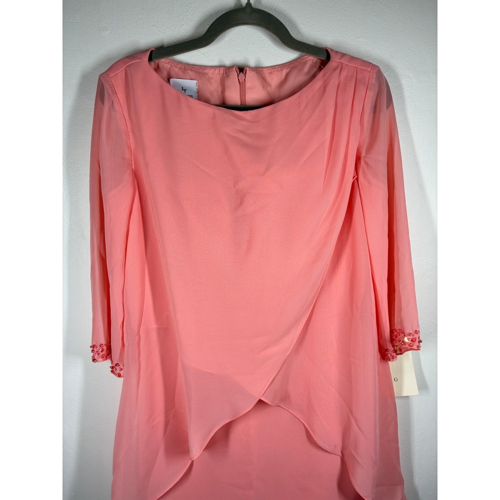 Lanting‎ Beaded Sleeve Chiffon Overlay Sheath Dress Medium Peach Mother of Bride - Picture 2 of 13